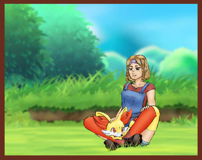 A drawing of my Poketrainer with her starter (Used a background from one of the games); would be $36 (Fennekin adds 20%, no background cost since I didn't draw it)